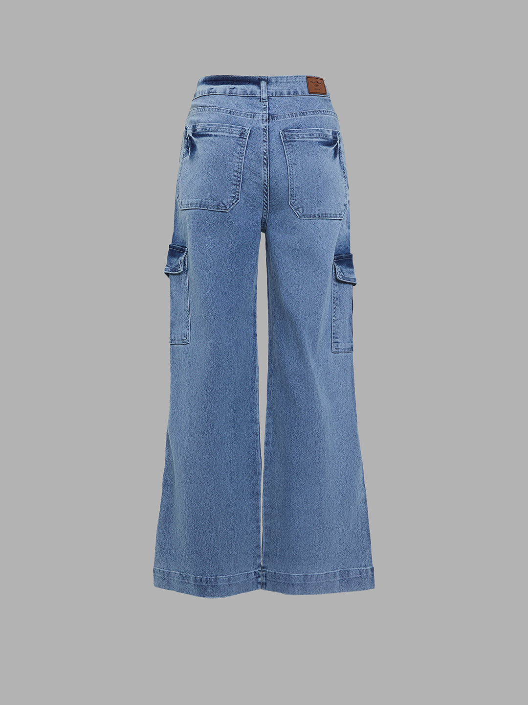 Women's Light Blue Wide-Leg High-Rise Clean-Look Regular-Length Stretchable Flared Cargo Style Denim Jeans