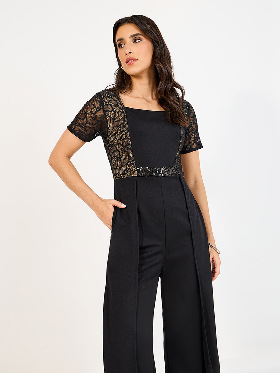 Women's Black Square-Neck Half-Sleeve Self-Designed Panelled Polyester Jumpsuit