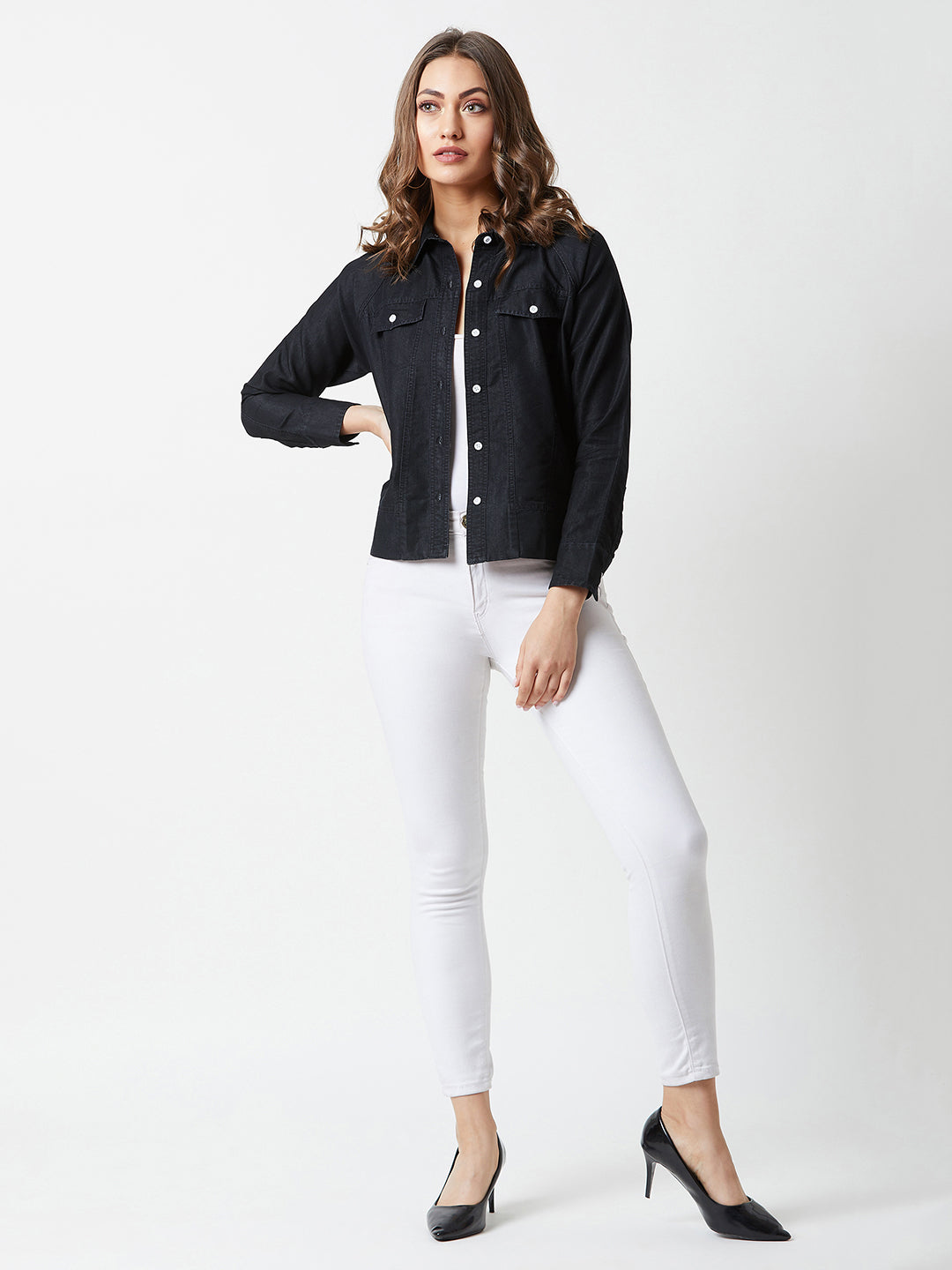 Women's Black Polo Neck Full Sleeves Flap Detailing Denim Solid Regular Length Bomber Jacket