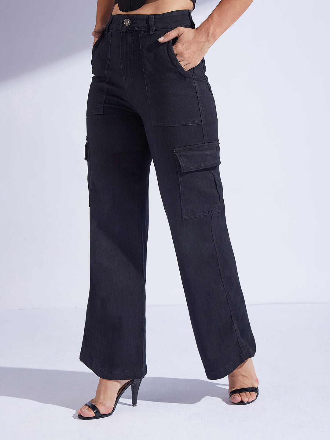 Women's Black Wide leg High-Rise Regular Stretchable Denim Jeans