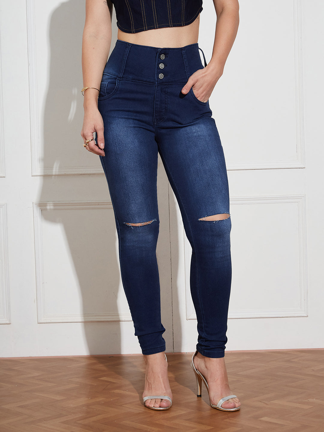 Women's Navy Blue Skinny Fit High Rise Clean Look Regular Length Double Knee Slit Stretchable High Waist Denim Jeans