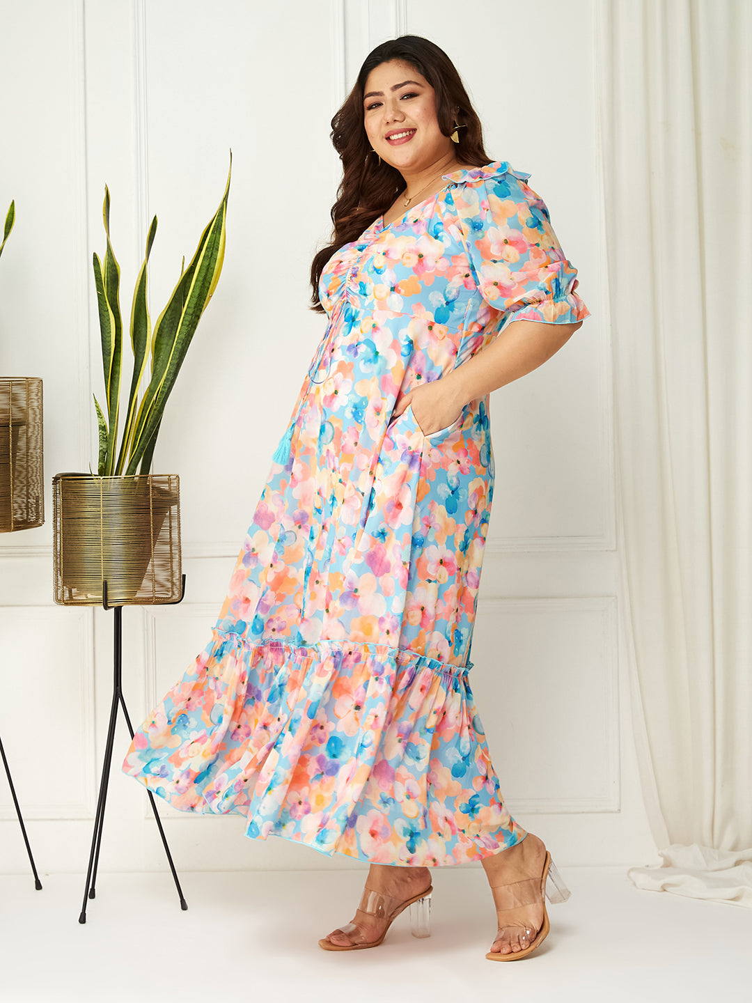 Women's Multicolored-Base-Sky Blue V-Neck Puff Sleeve Floral Ruching Ankle-Length Dress