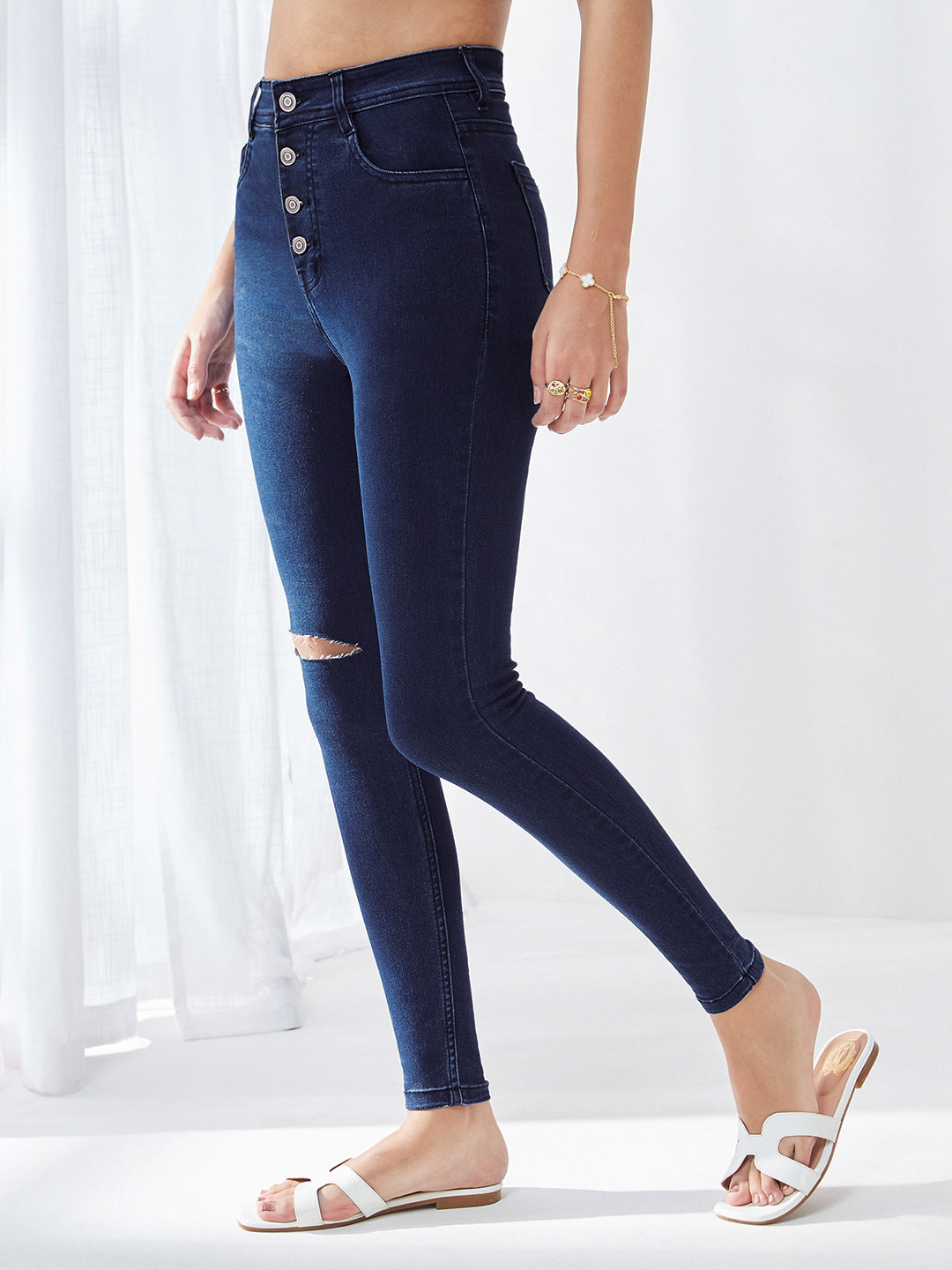 24/7 Comfort Navy Blue Skinny High-Rise Knee Slit  Denim Jeans For Women