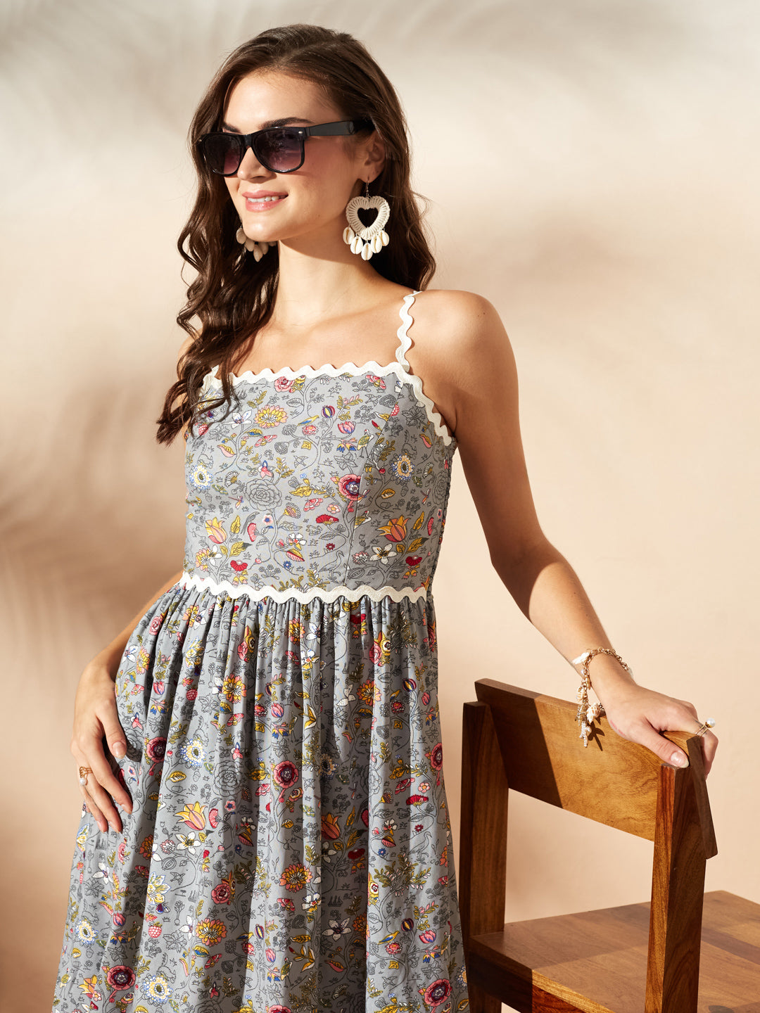 Grey Bohemian Multicolored Tiered Maxi Dress with Square Neck and Smocked Back for Women