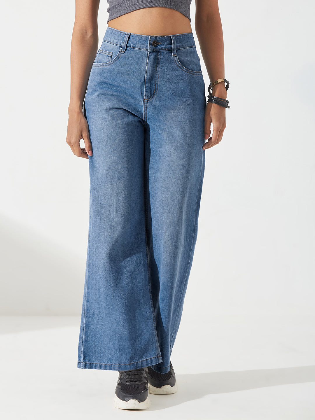 Light-Blue Wide-Leg High-Rise Clean-Look Non-stretchable Denim Jeans for Women