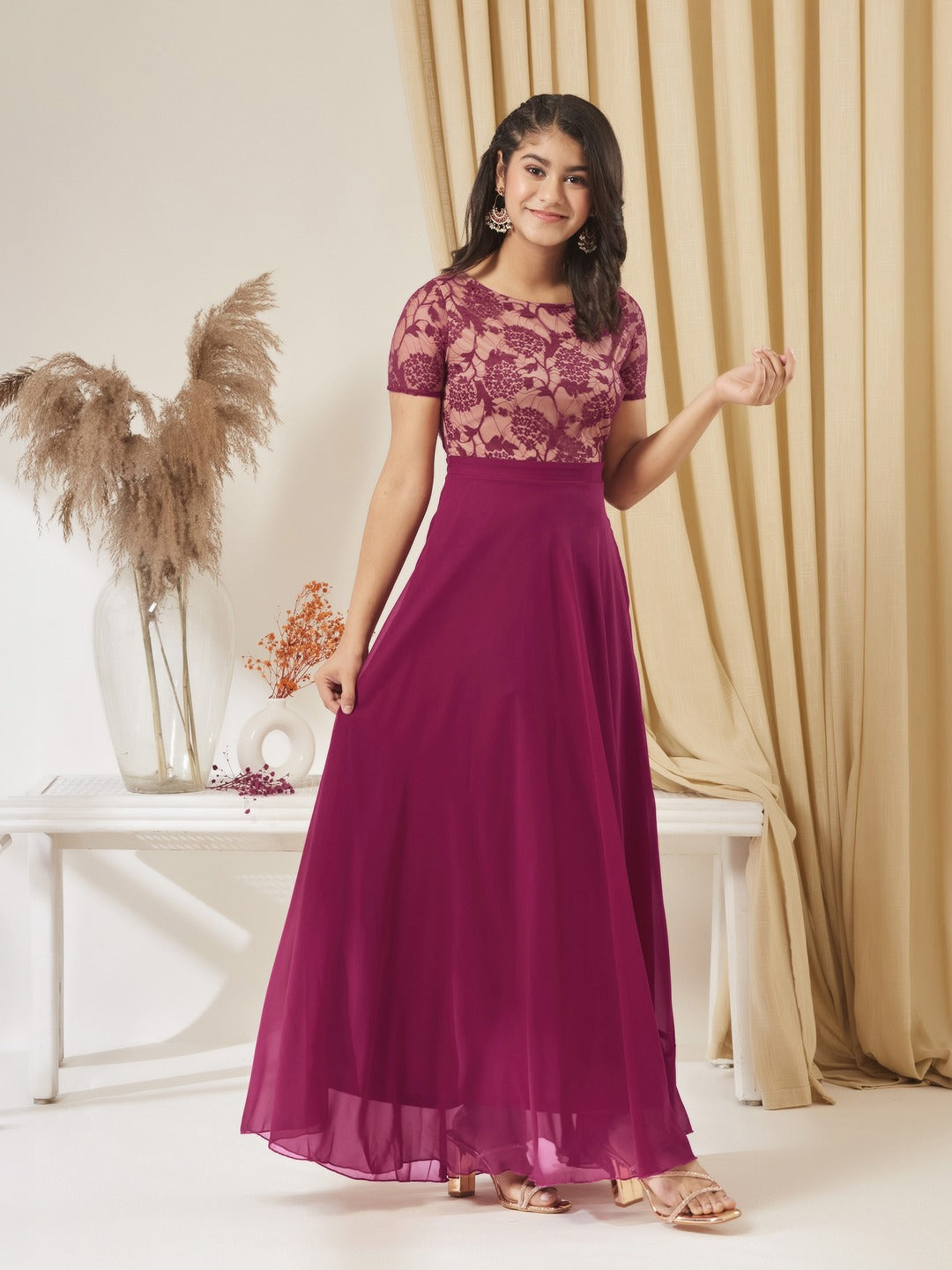 Dark Pink Round Neck Half Sleeve Self-Designed Fit & Flare Georgette Maxi Dress for Girls/Teenagers