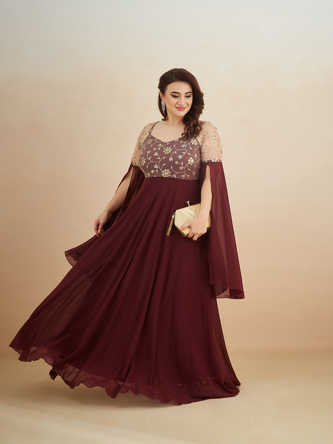 Wine V-Neck Flared Long sleeve Embroidered Fit & Flare Maxi Dress for Women