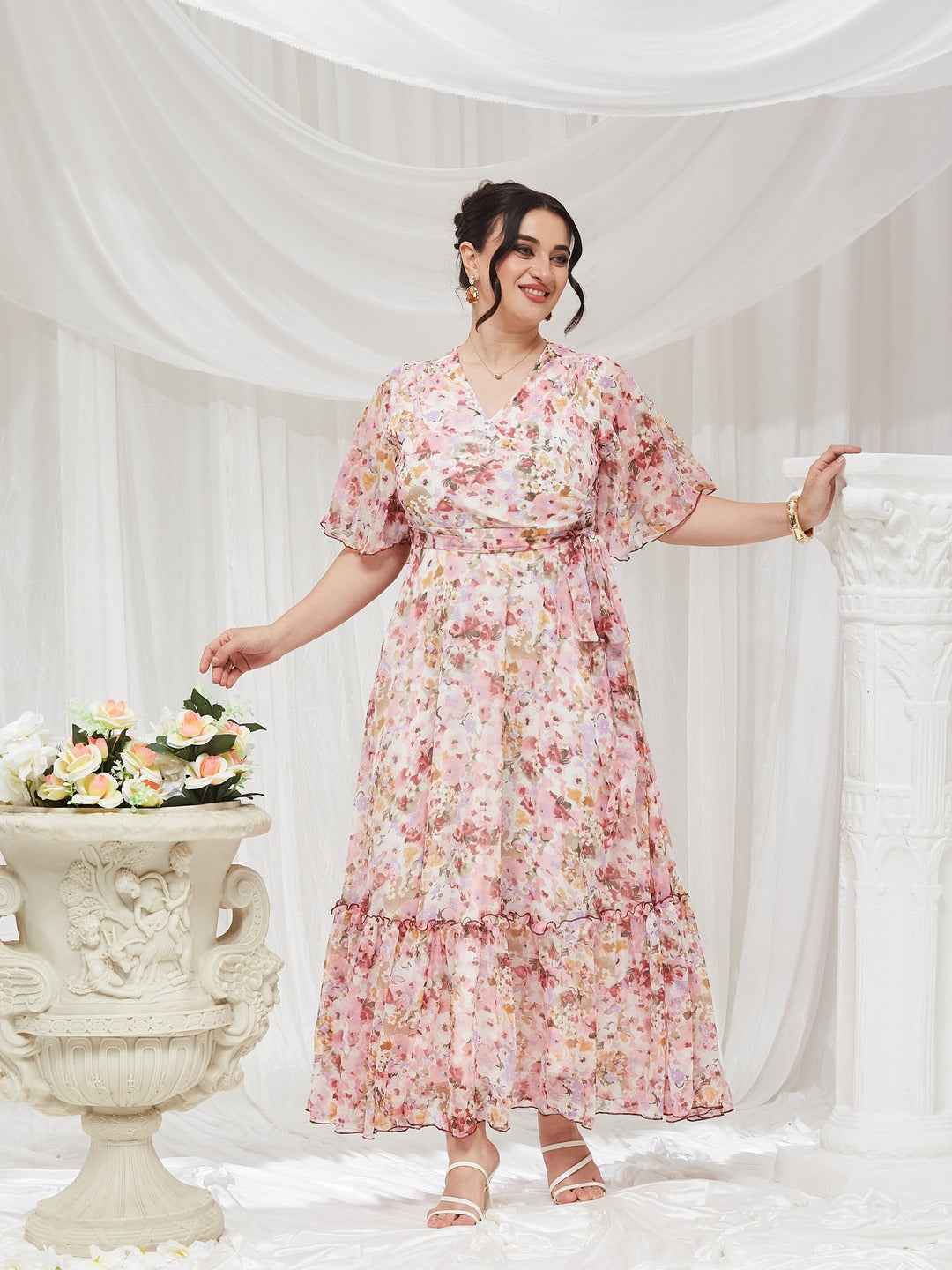 Women's Multicolored Base Pink V-Neck Flared Sleeve Floral Wrap Chiffon Maxi Dress