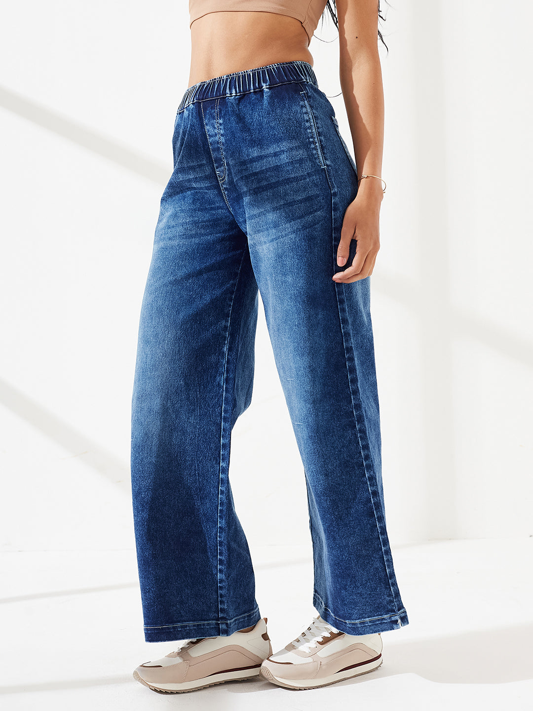 Navy Blue Wide Leg High-Rise Elasticated Waist Heavy Wash Stretchable Denim Jeans For Women