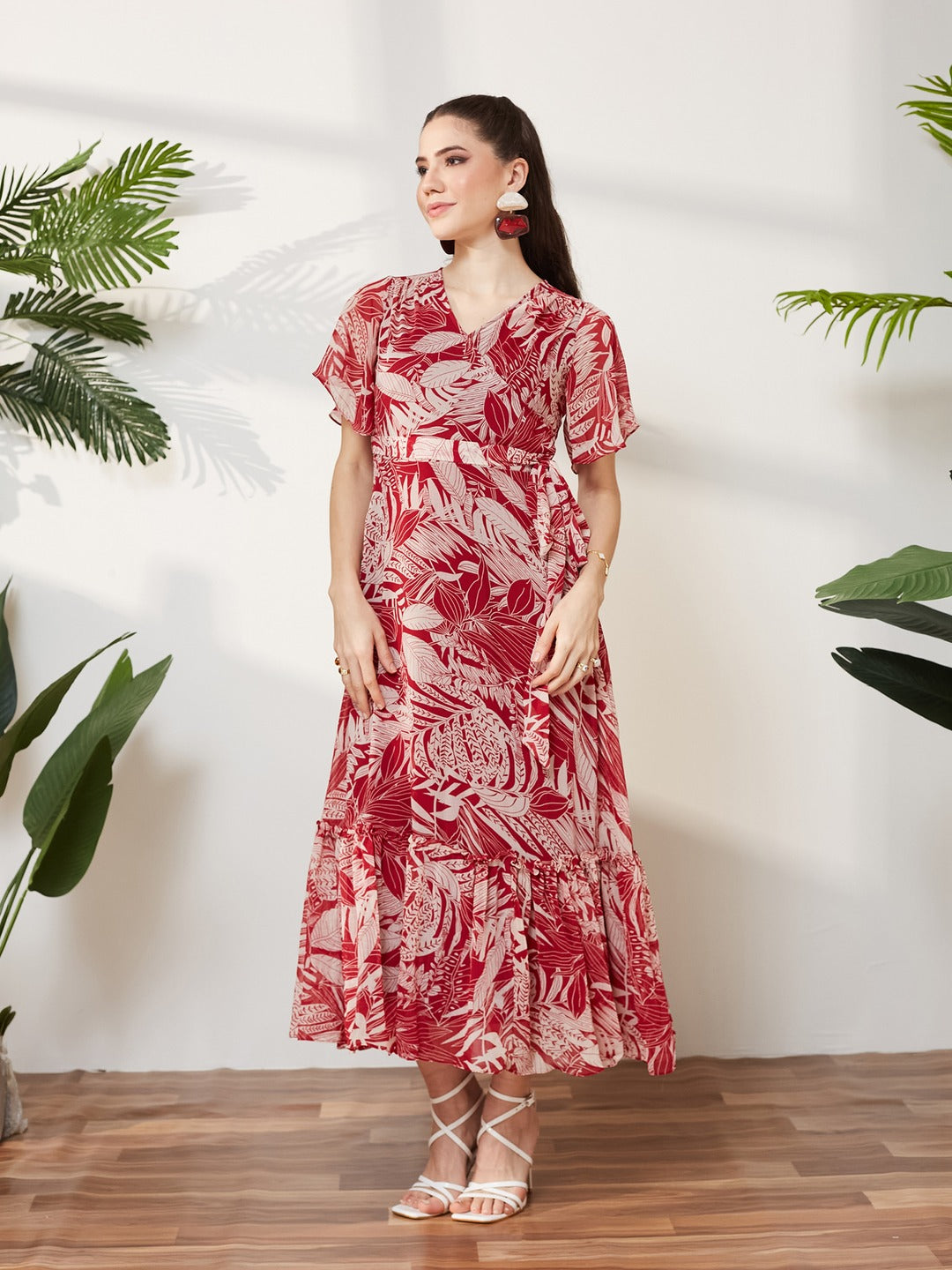 Maroon V Neck Flared Sleeve Floral Wrap Maxi Dress for Women