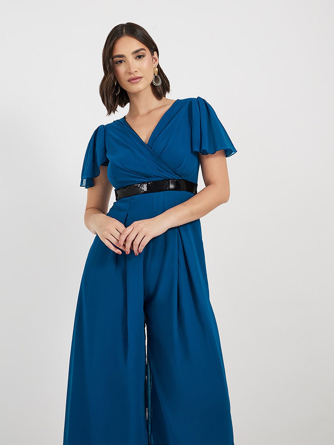 Women's Royal Blue Solid Relaxed Fit Short Sleeve V-Neck Ankle-Length Straight Jumpsuit