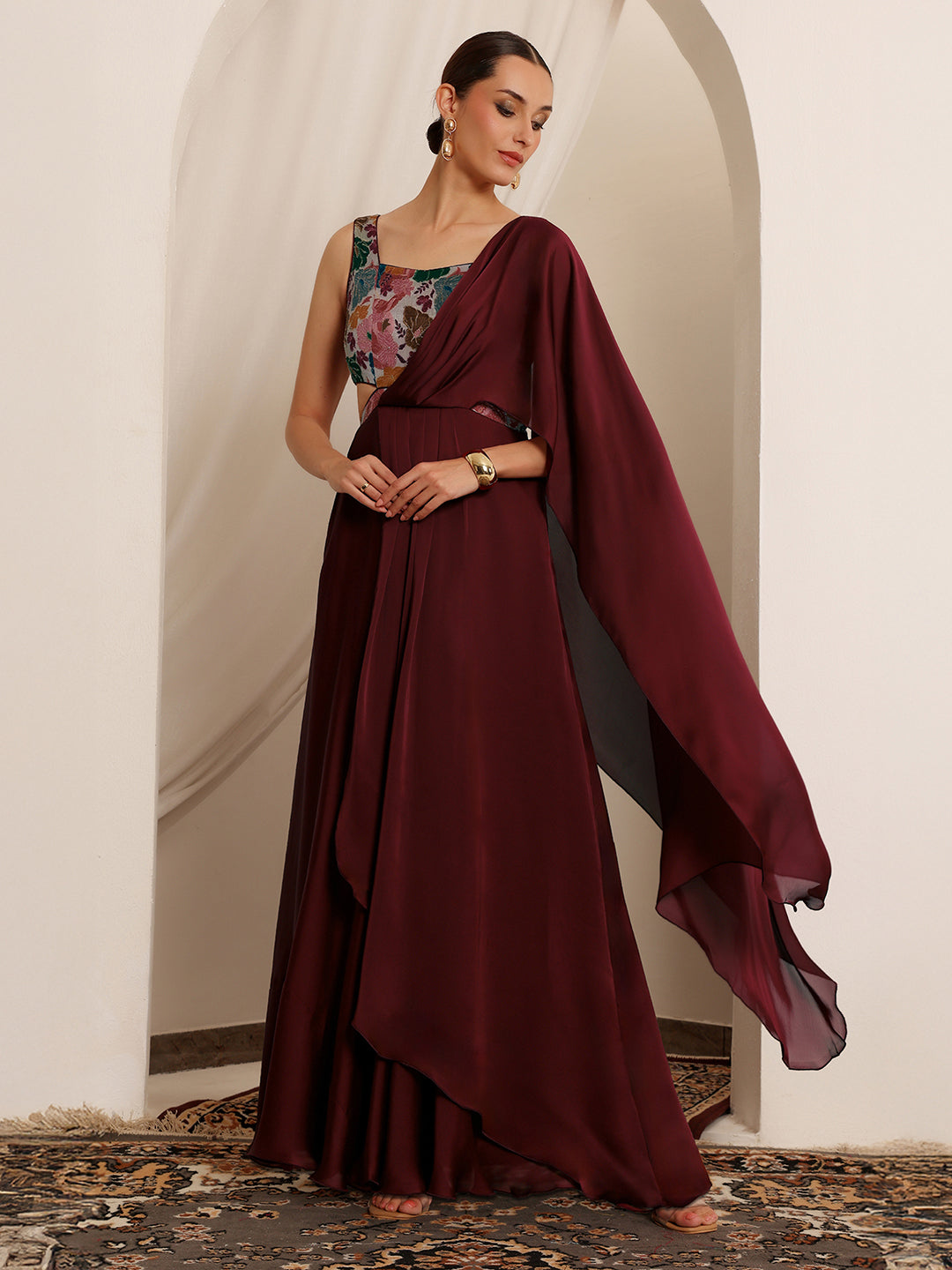 Women's Wine Square Neck Sleeveless Floral Layered Satin Maxi Dress