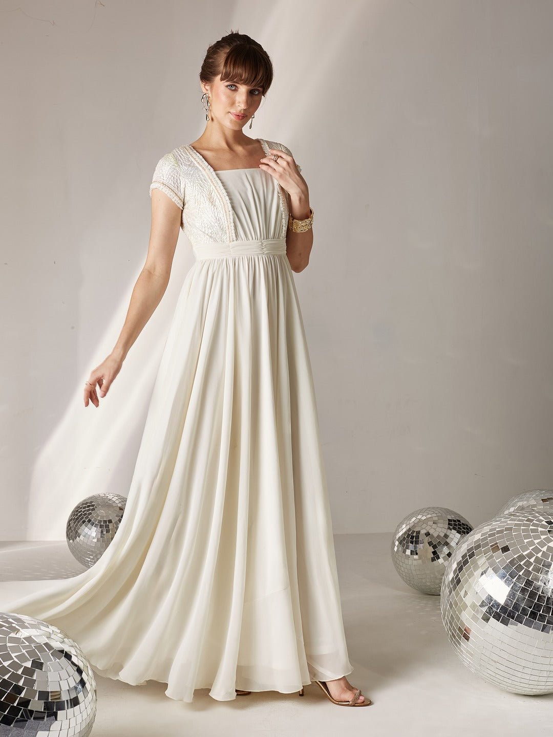 Off White Square Neck Frilled Self Designed Panelled Georgette Maxi Dress for Women