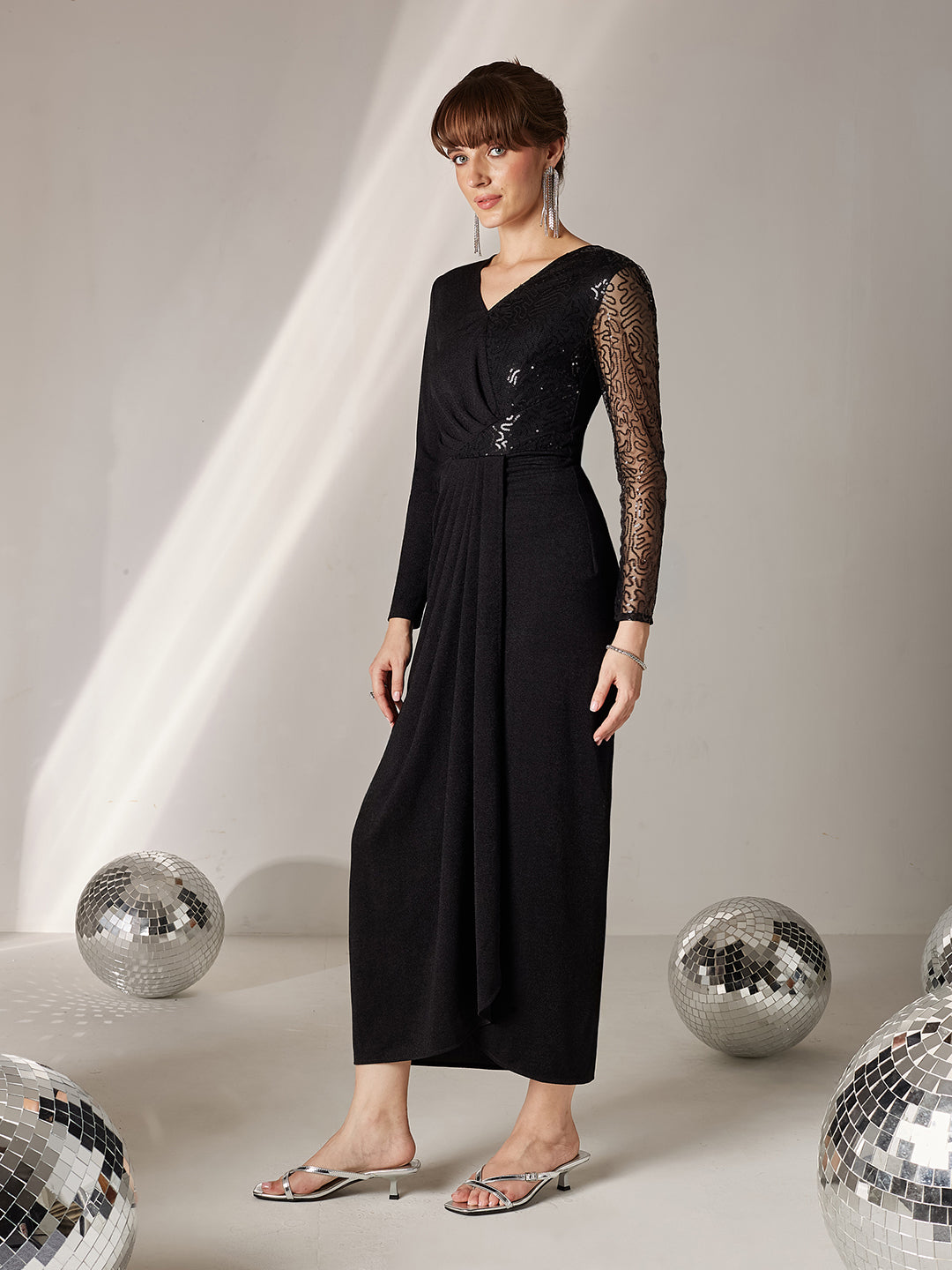 Women's Black V-Neck Full Sleeve Embellished Pleated Longline Dress