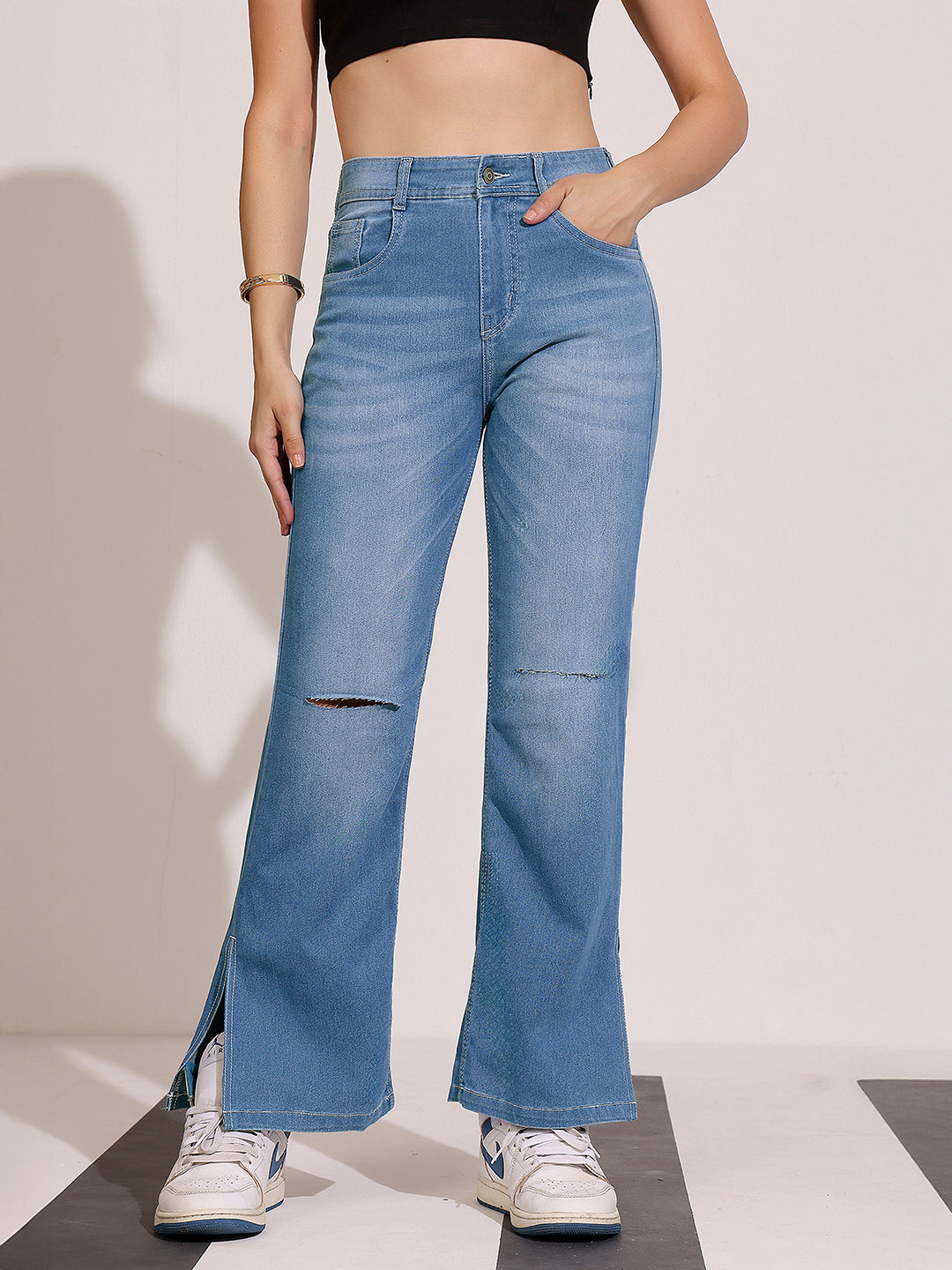 Women's Blue Wide-Leg Relaxed Mid Rise Regular Length Denim Stretchable Jeans