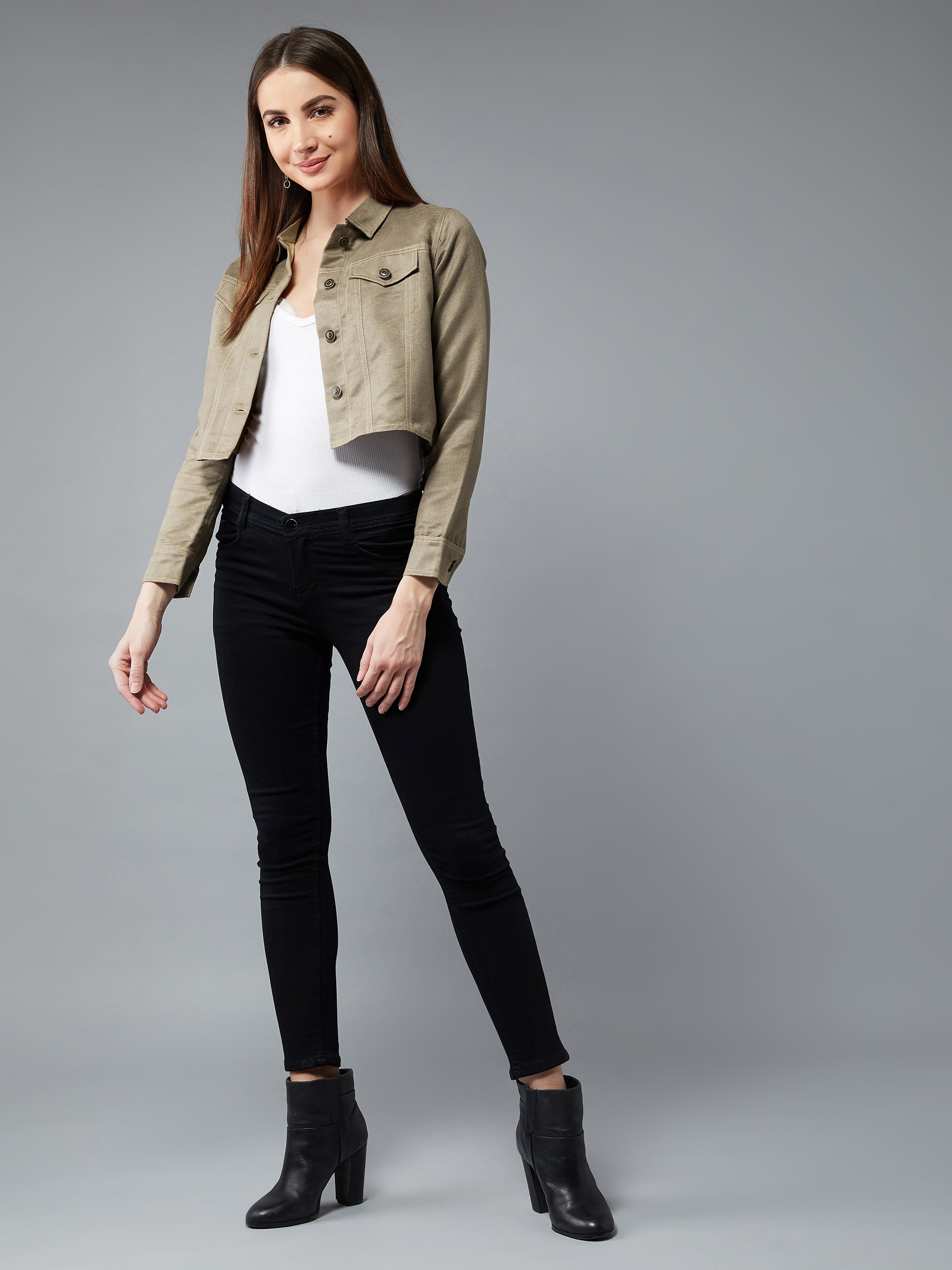 Women's Olive Green Collared Full Sleeves Paneled Cropped Jacket