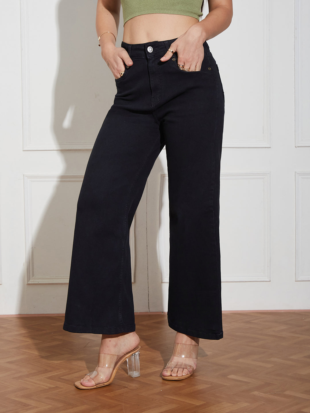 Women's Black Wide-Leg High Rise Clean Look Regular-Length Stretchable Denim Jeans