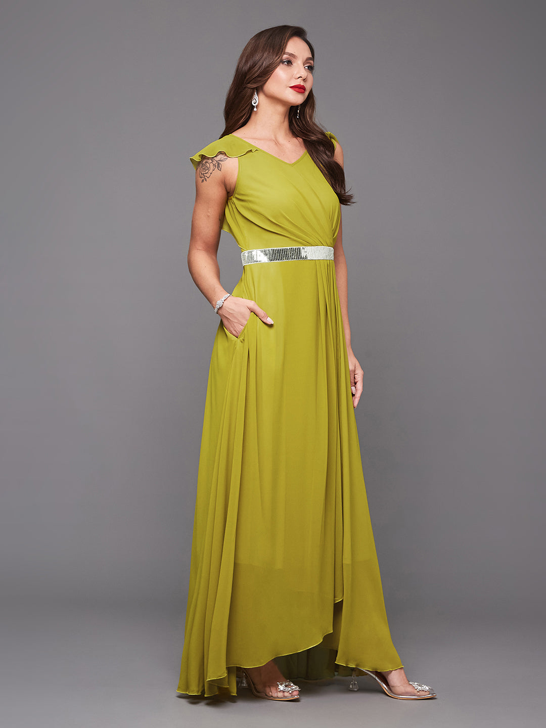 Women's Lemon Green V-Neck Ruffled Sleeve Silver Sequined Party Maxi Dress