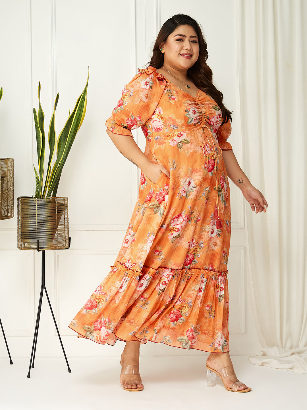 Women's Multicolored-Base-Orange V-Neck Puff Sleeve Floral Ruching Ankle-Length Dress