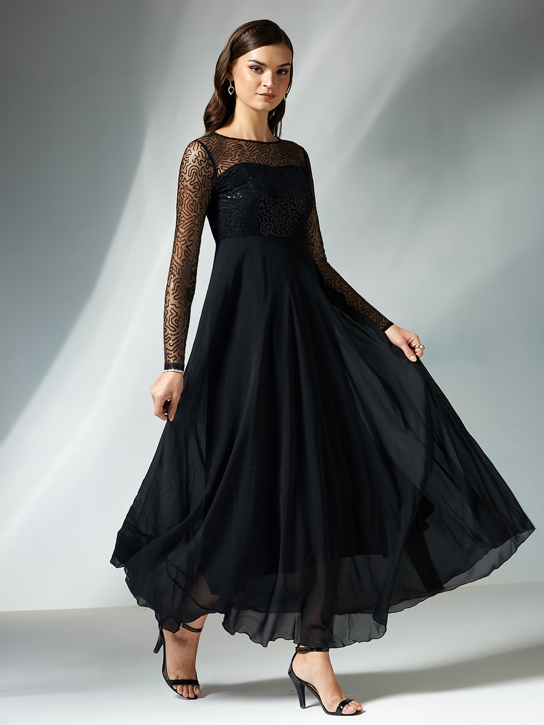 Women's Black Solid Embellished Maxi Dress