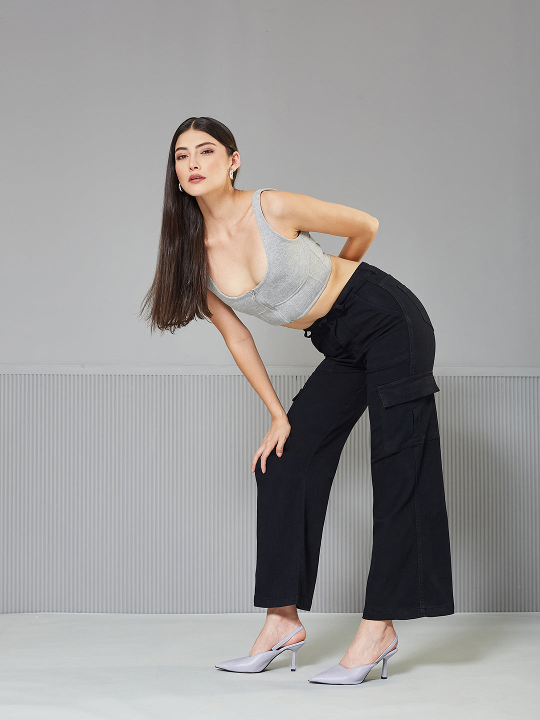 Black Wide-Leg High-Rise Regular Stretchable Denim Jeans for Women