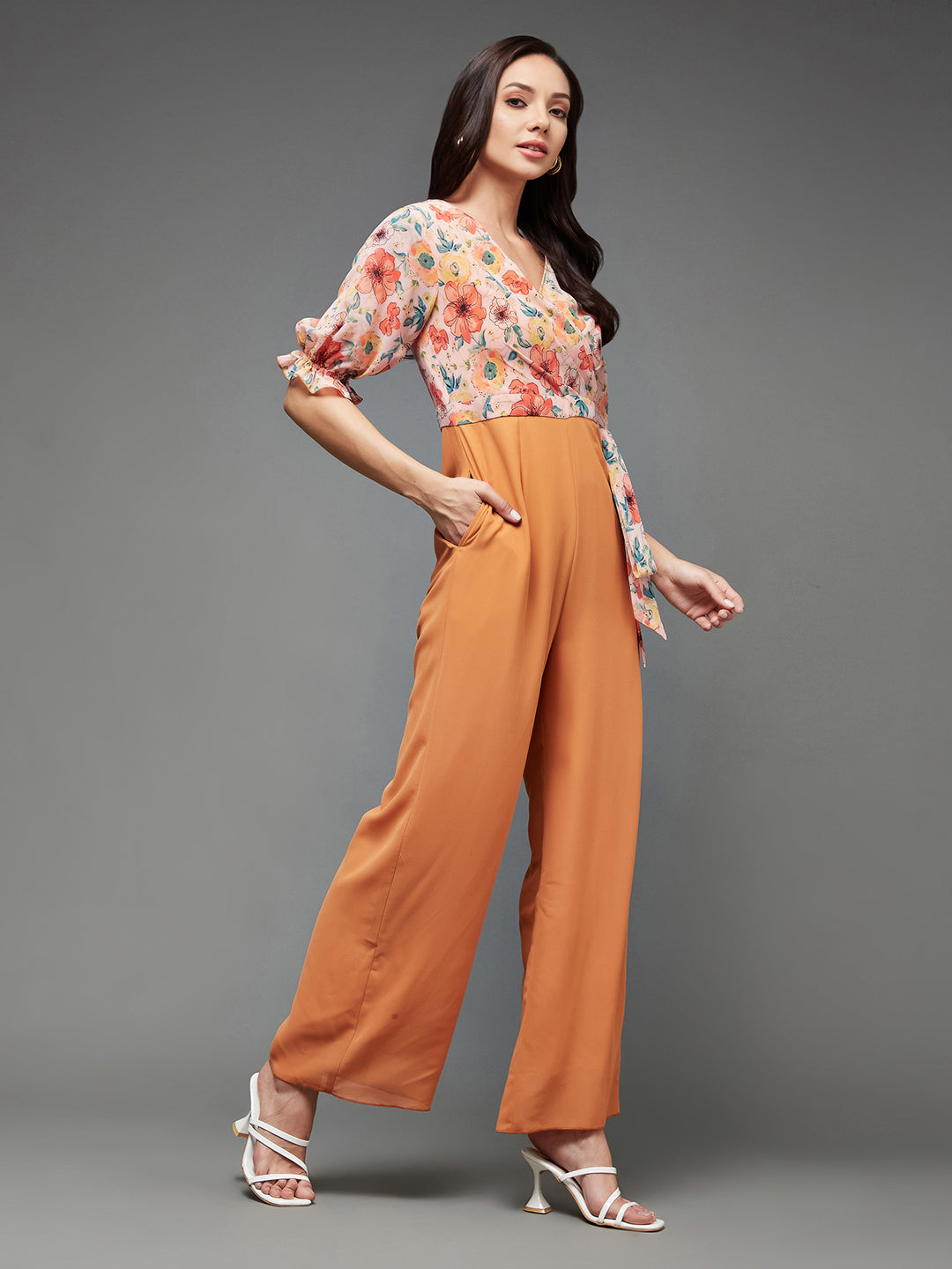 Women's Multicolored-Base-Dusty Orange V-Neck Puff Sleeve Floral Patterned Wrap Regular Georgette Jumpsuit