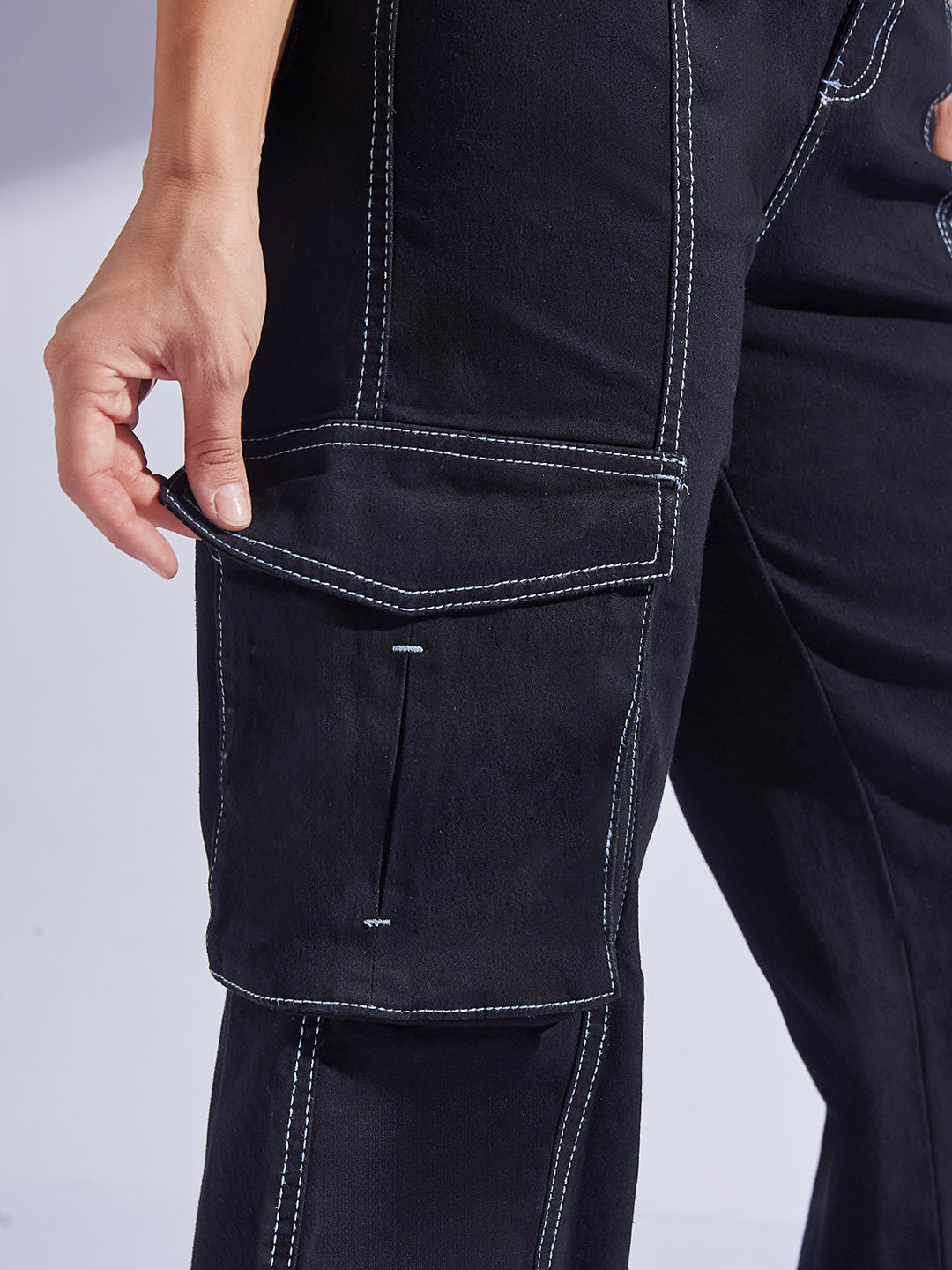 Women's Black Wide-Leg High-Rise Clean-Look Regular-Length Stretchable Patch-Pocketed Denim Jeans