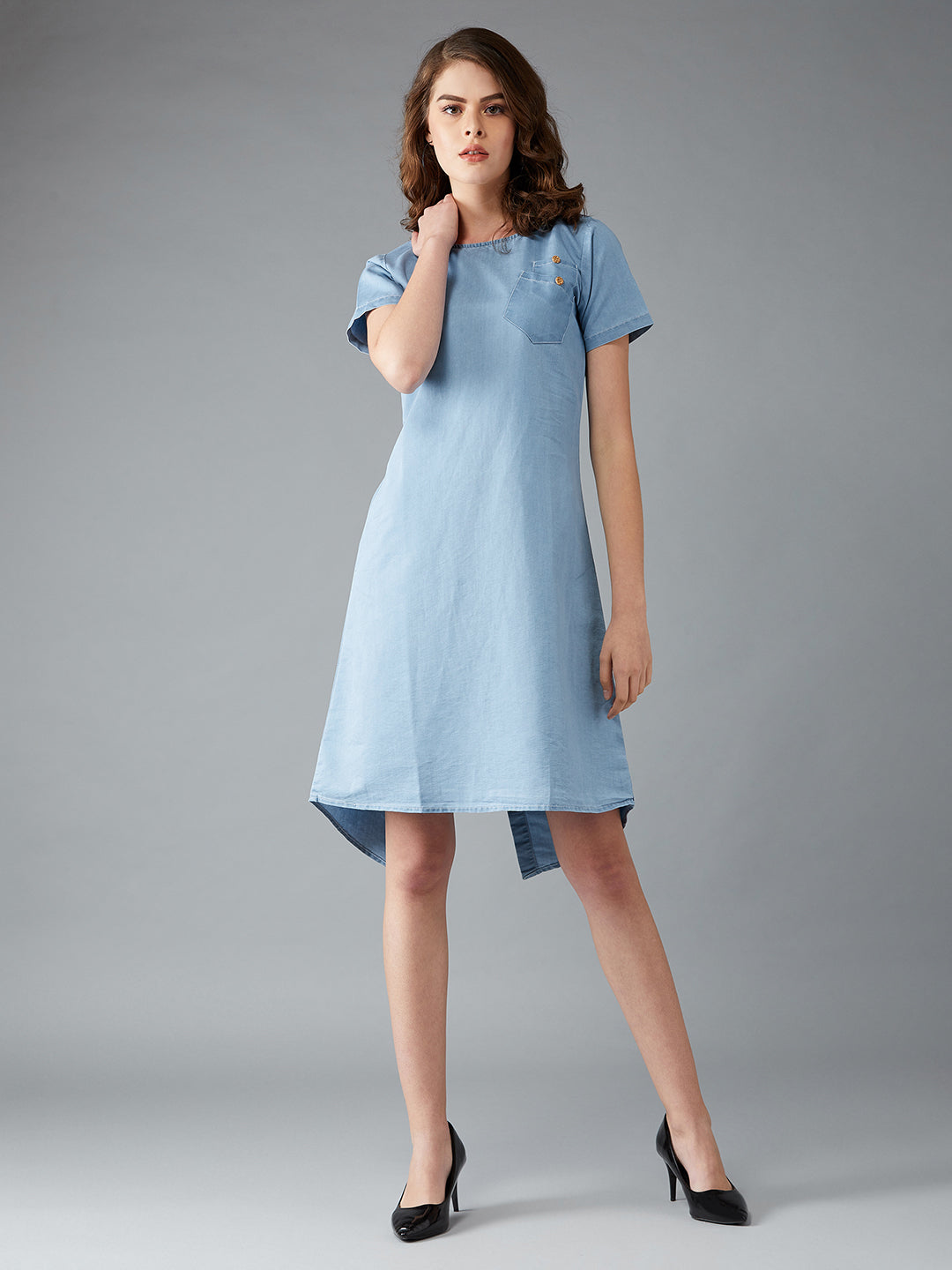 Women's Light Blue Round Neck Half Sleeve Cotton Solid Cut-Out Buttoned Knee-Long Denim Dress