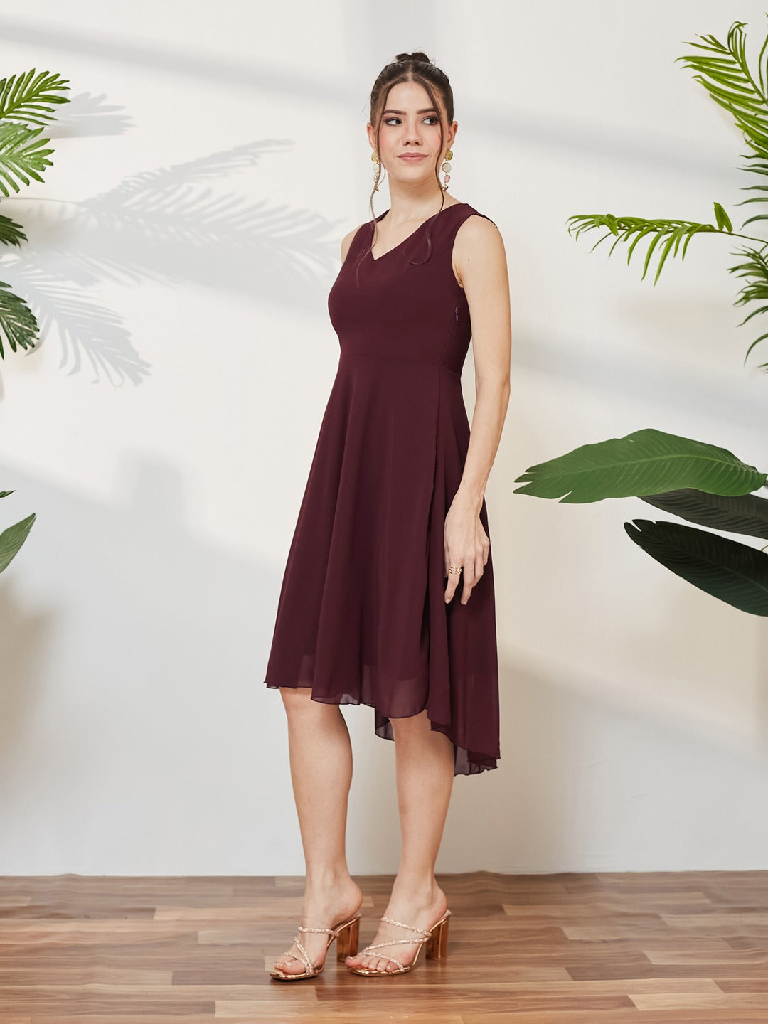 Wine Red V-Neck Sleeveless Solid High-Low Midi Skater Dress for Women