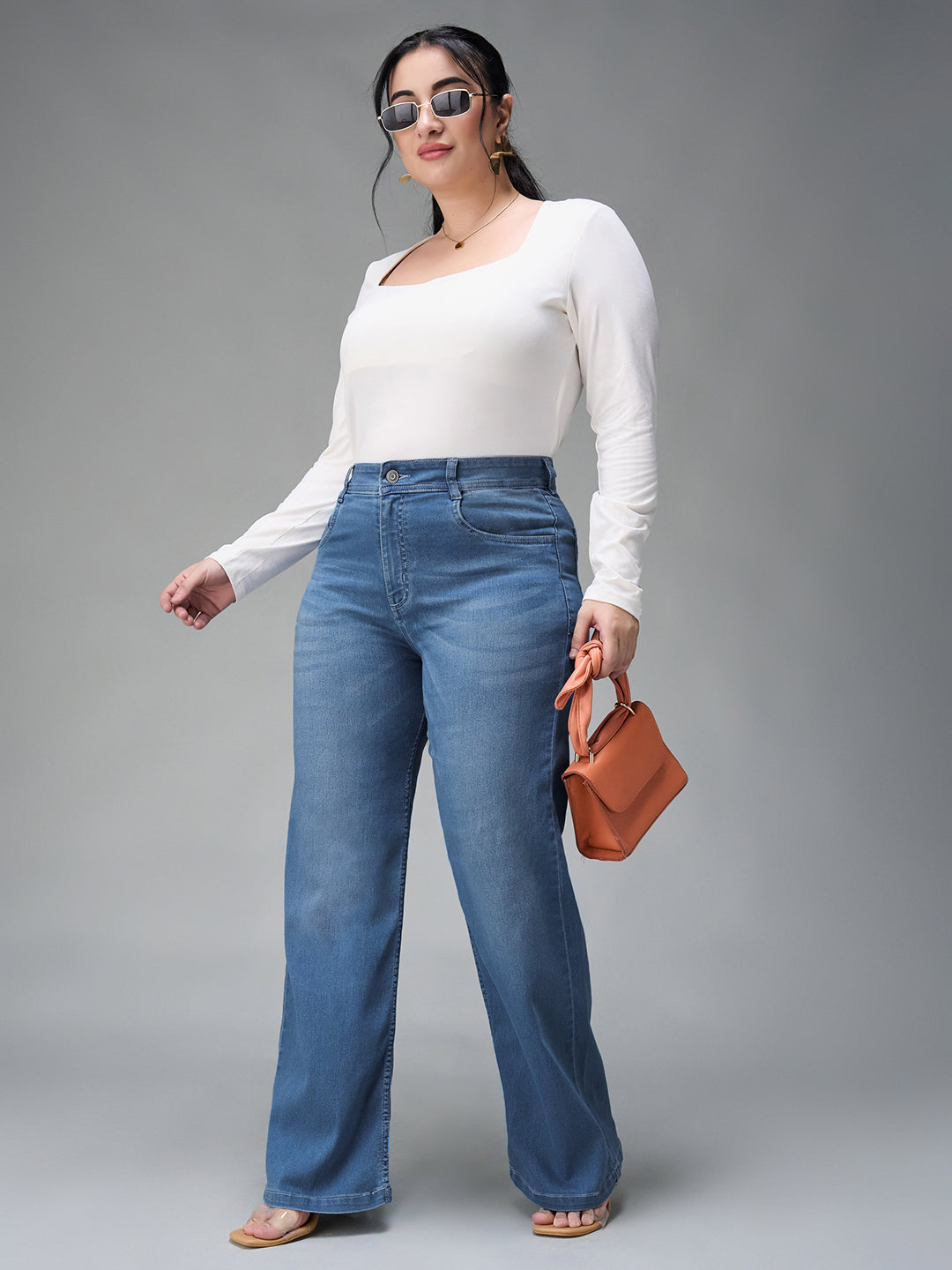 Women's Light Blue Wide-Leg Mid Rise Denim Jeans