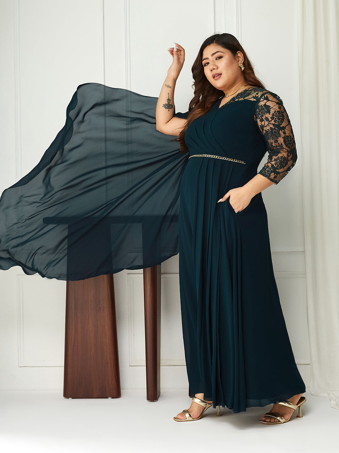 Women's Teal V-Neck Asymmetric Self-Designed Georgette Maxi Dress