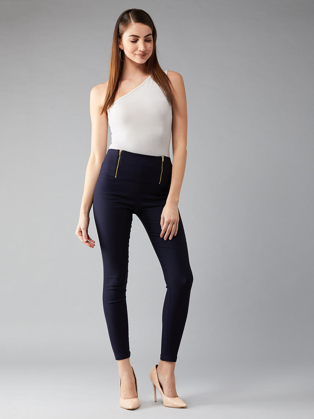 Women's Navy Blue Solid High Waist Slim Fit Treggings