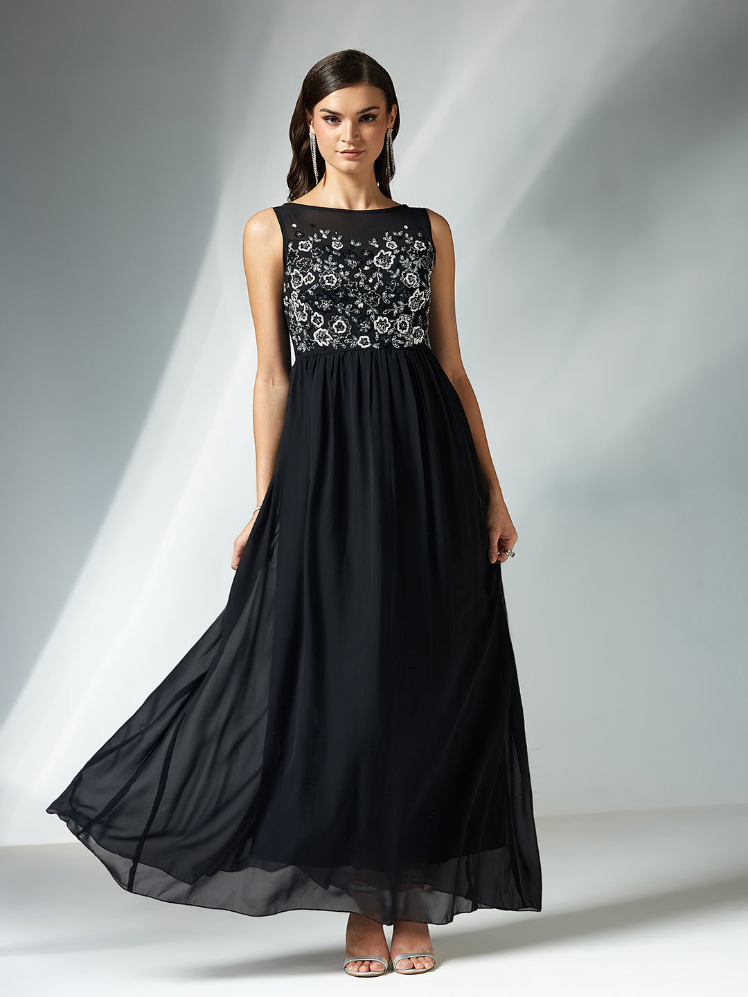 Women's Black Boat Neck Sleeveless Solid Embellished Maxi Dress