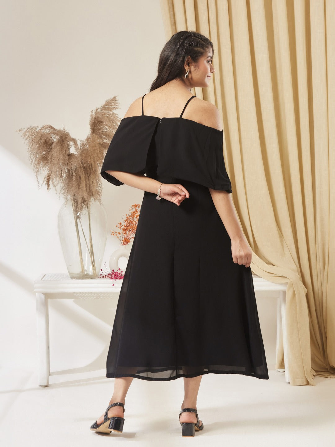 Black Bardot Style Sleeveless Spaghetti Strap Solid Off Shoulder Midi Skater Dress for Girls/Teenagers