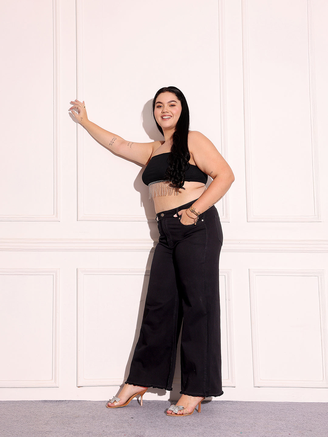 Women's Black High-Rise Stretchable Wide-Leg Denim Jeans