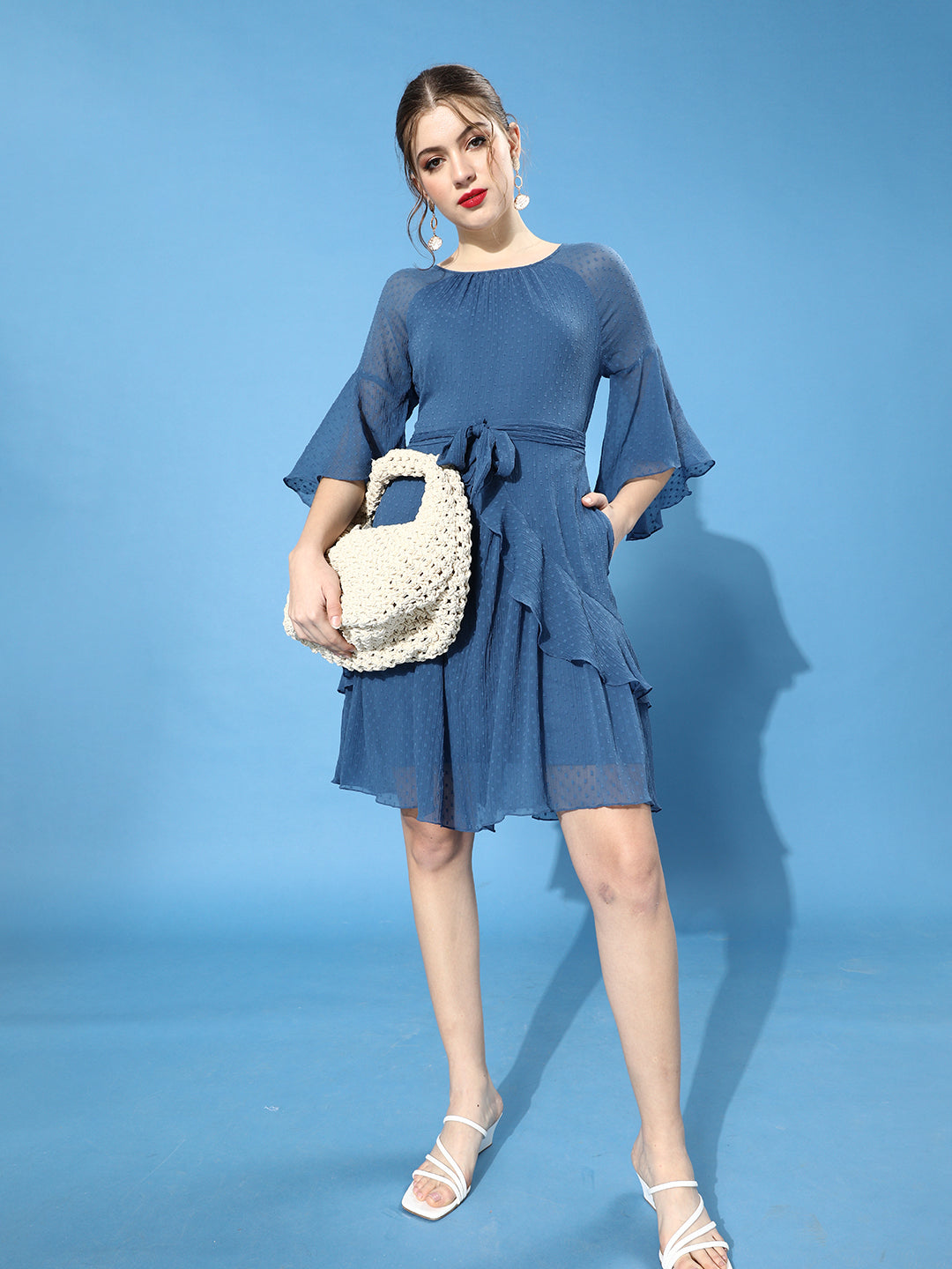 Women's Dusty Blue Round Neck Ruffled Sleeve Solid Ruffled Midi Dress