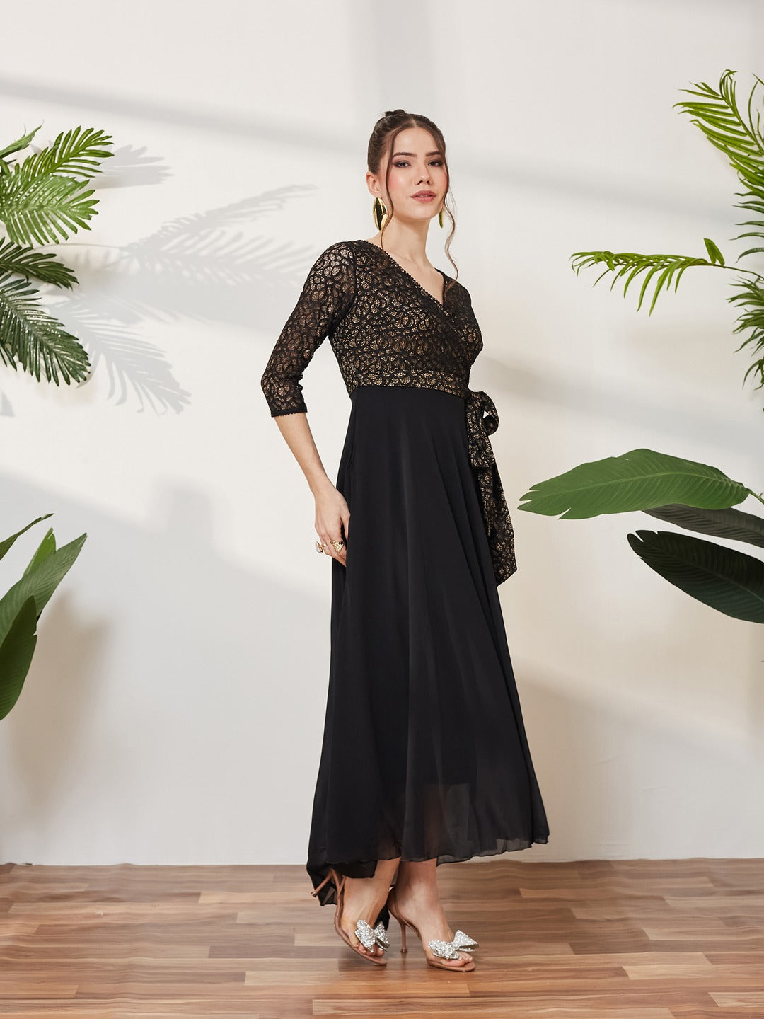 Black Self-Designed Relaxed Fit V-Neck 3/4th Sleeve Georgette And Lace Maxi Dress  for Women