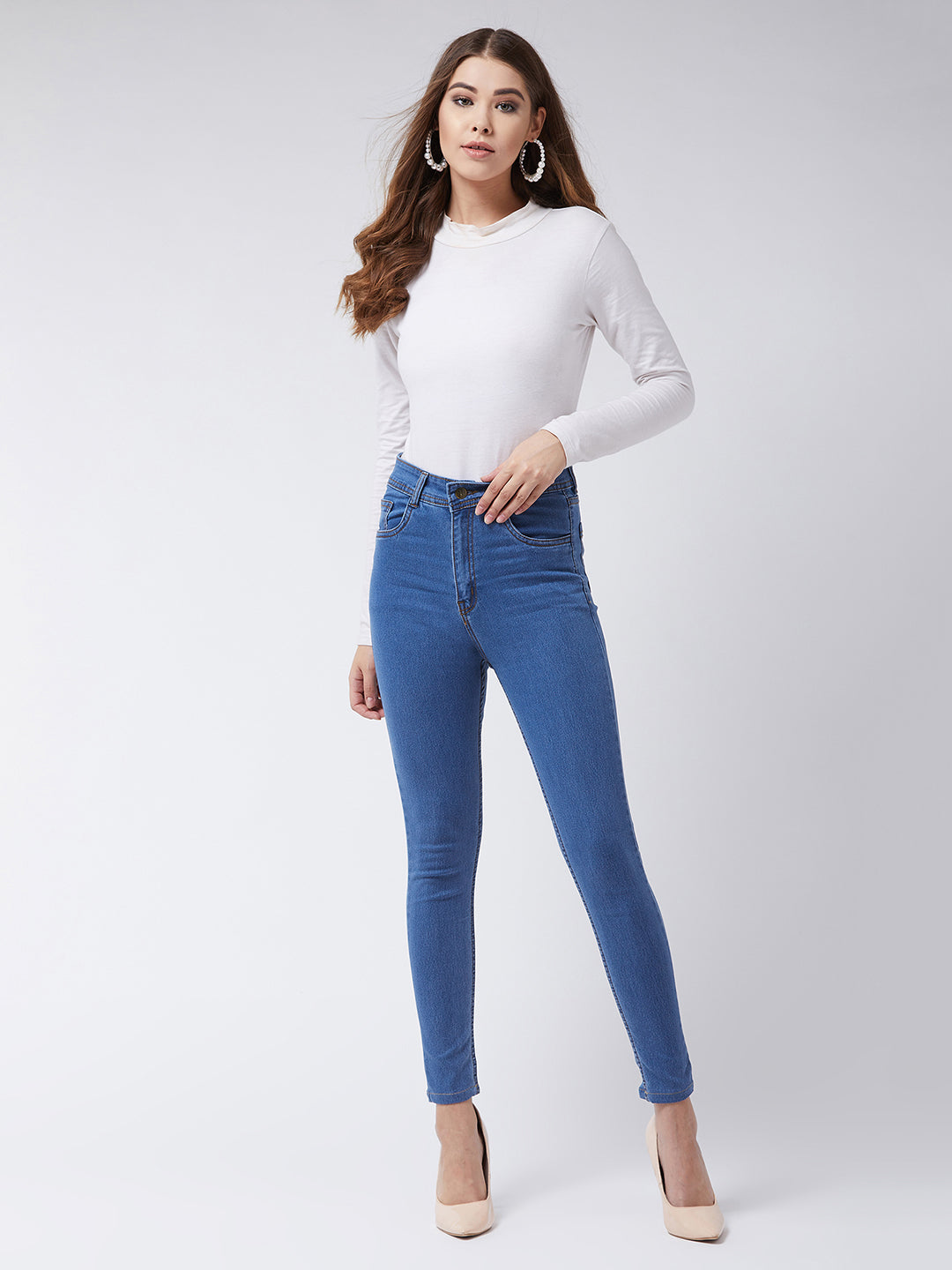 Women's Blue Skinny High-Rise Distressed Cropped Denim Jeans