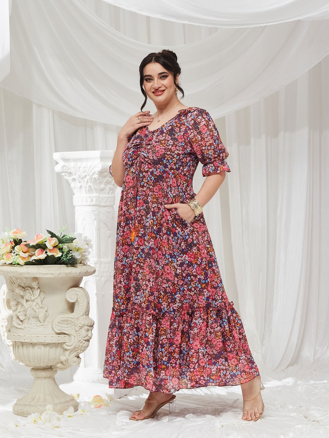 Wine V-Neck Puff Sleeve Floral Ruching Ankle-Length Dress for Women