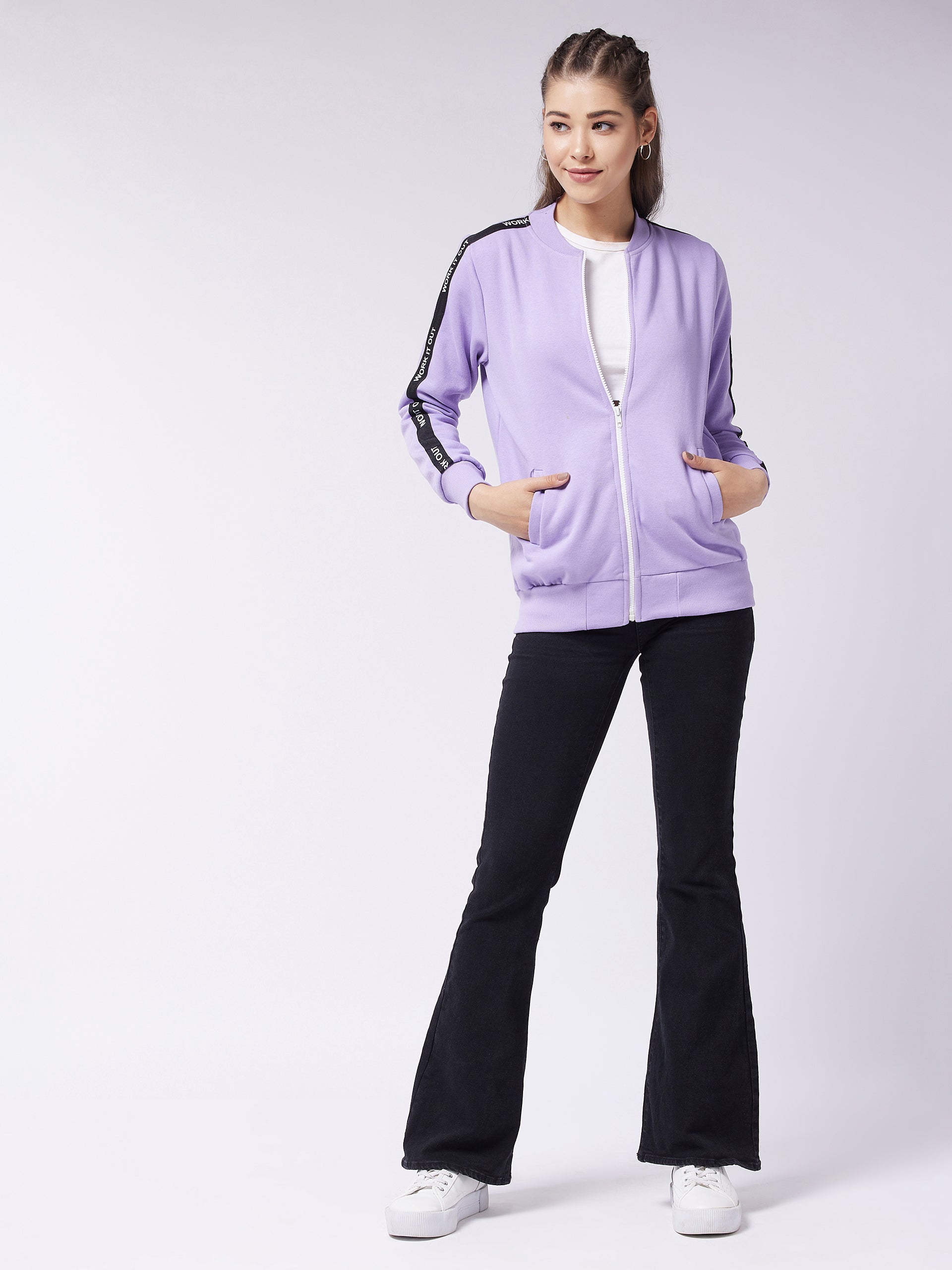 Women's Lavender V Neck Full Sleeves Solid Bomber Regular Jacket