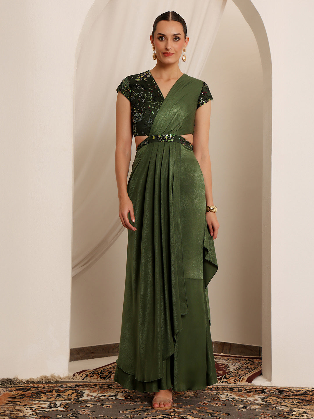 Women's Olive V-Neck Short-Sleeve Embellished Draped Maxi Velvet Dress