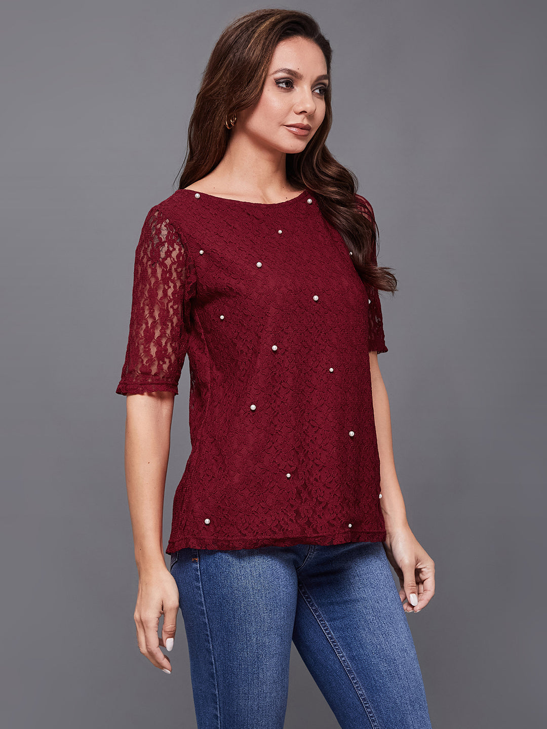 Women's Maroon Round Neck Half Sleeves Cotton Solid Lace And Pearl Detailing Top