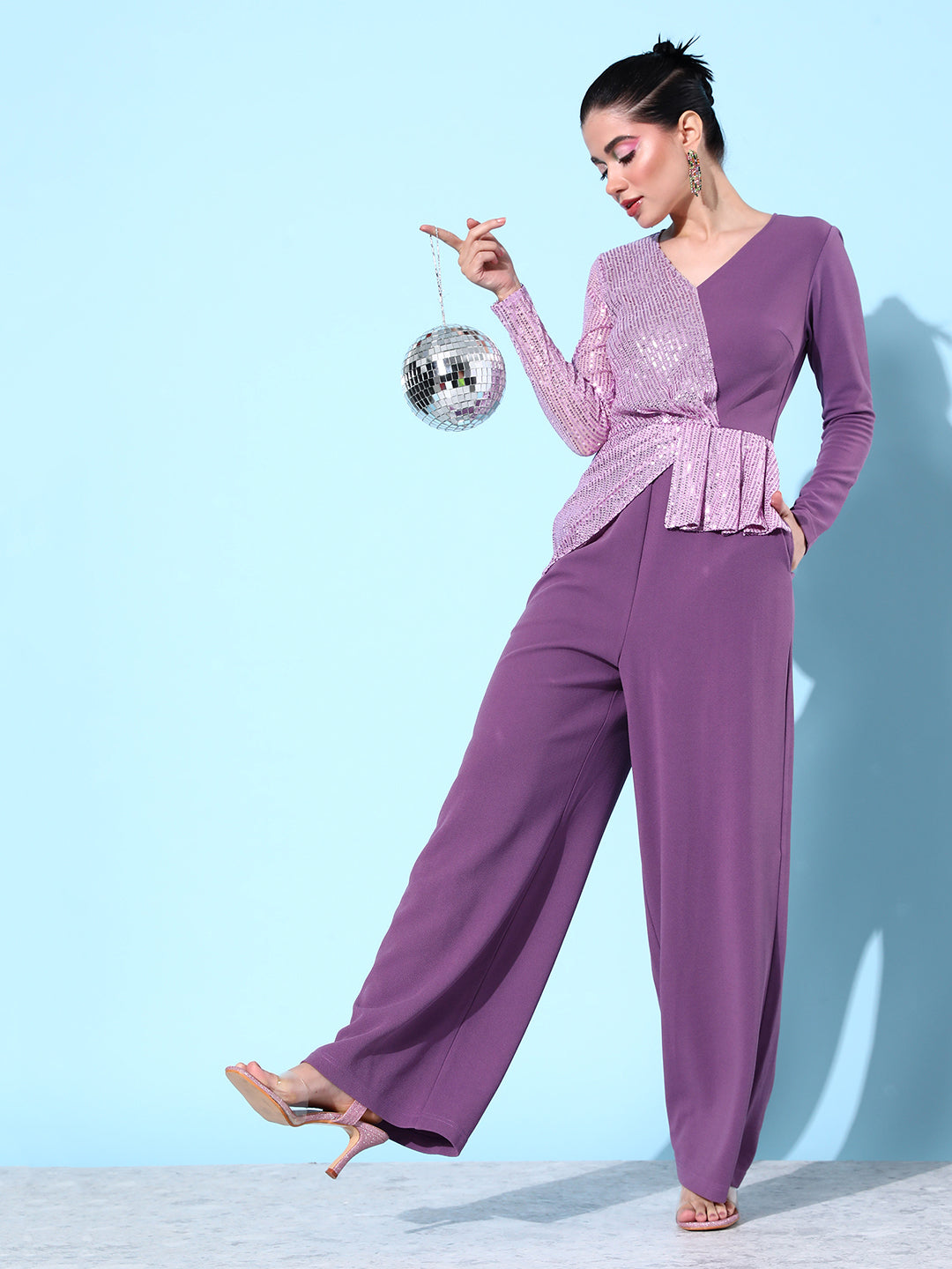 Crease Ease Women's Lavender V-Neck Full Sleeve Sequined Asymmetric Party Jumpsuit