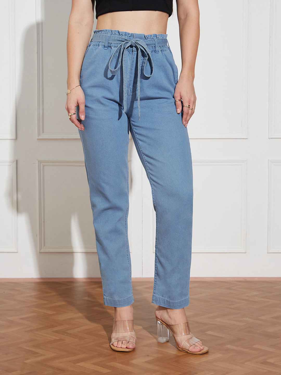 Women's Light-Blue Paperbag-Fit High-Rise Clean-Look Regular-Length Stretchable Denim Jeans