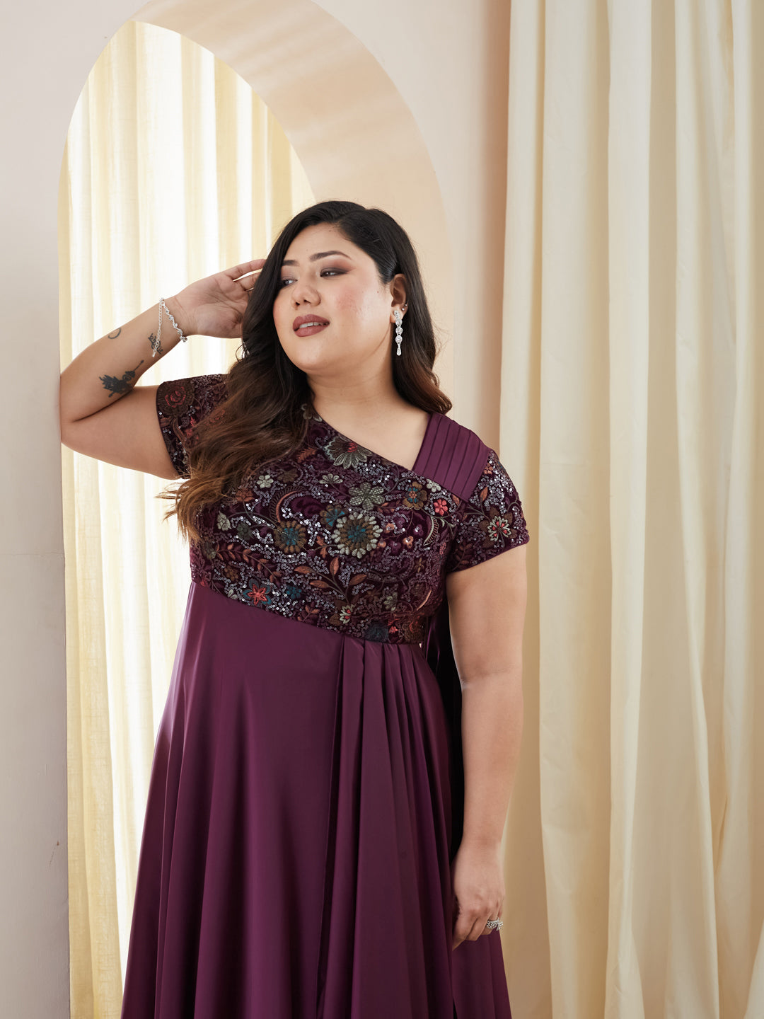 Purple Asymmetric Draped Gown in Embroidered Luxe Satin for Women