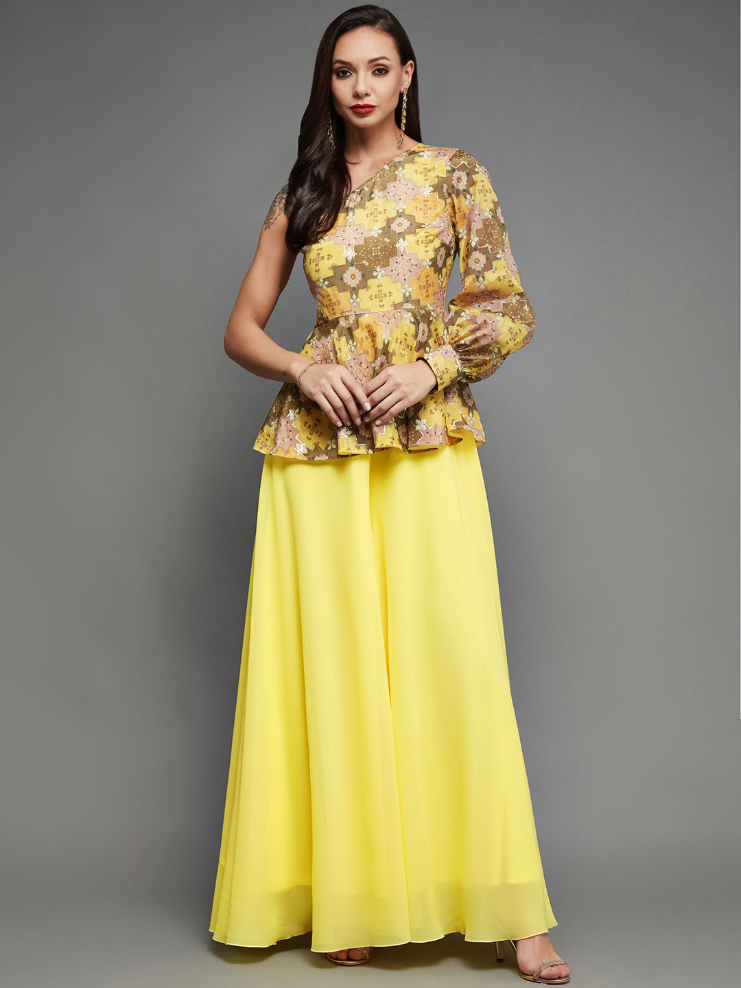 Women's Multicolored-Base-Yellow  Geometric One Shoulder Neck Bishop Sleeves Georgette Layered Regular-Length Jumpsuit