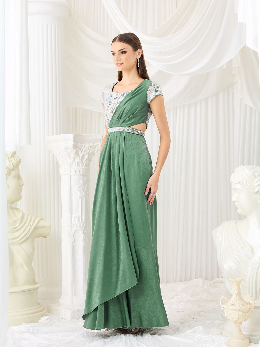 Siege Green Sweetheart Short Sleeve Embellished Pleated Satin Maxi Dress for Women