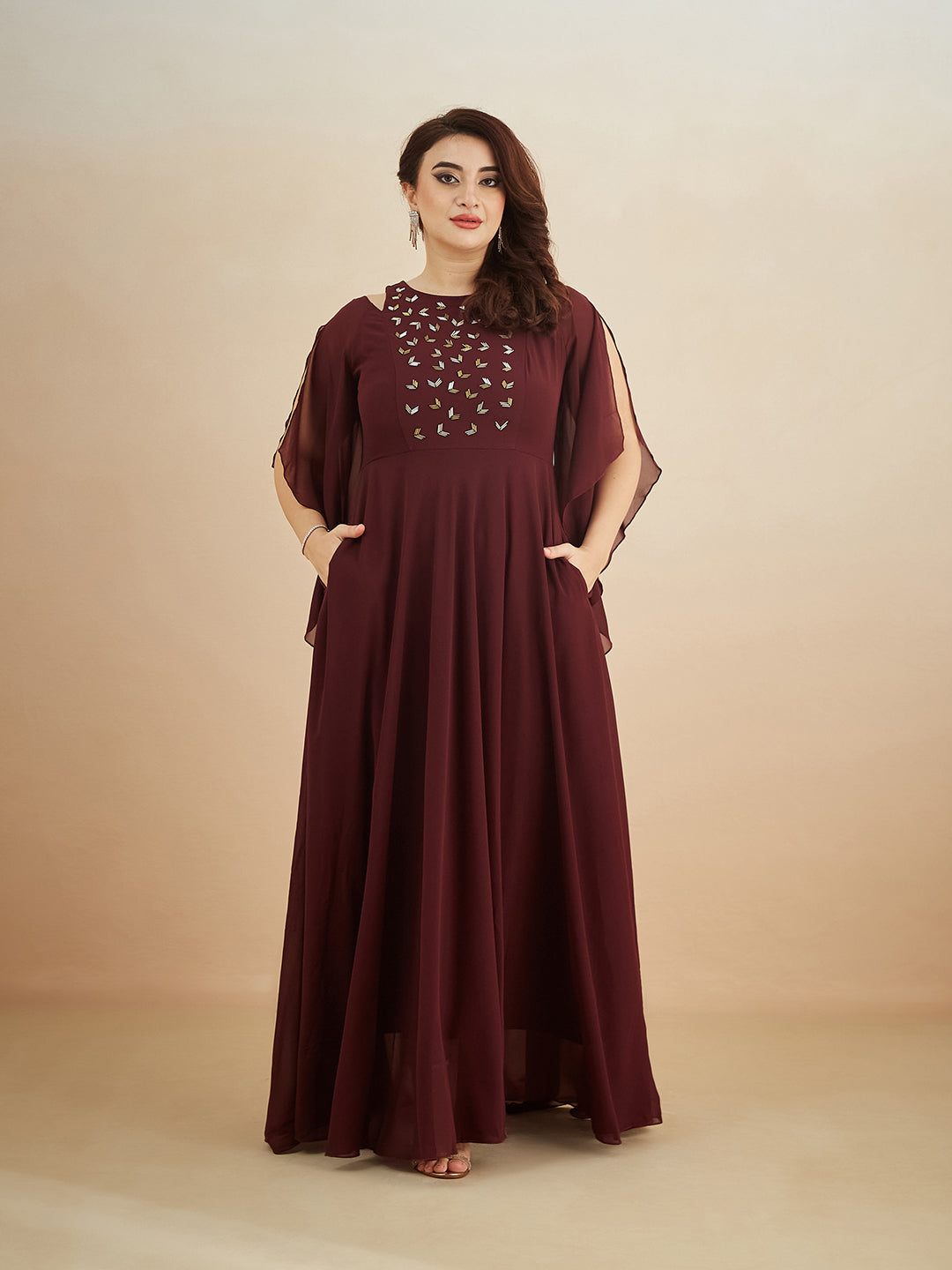 Wine Solid Relaxed Fit Round Neck Flared Sleeve Maxi Dress for Women