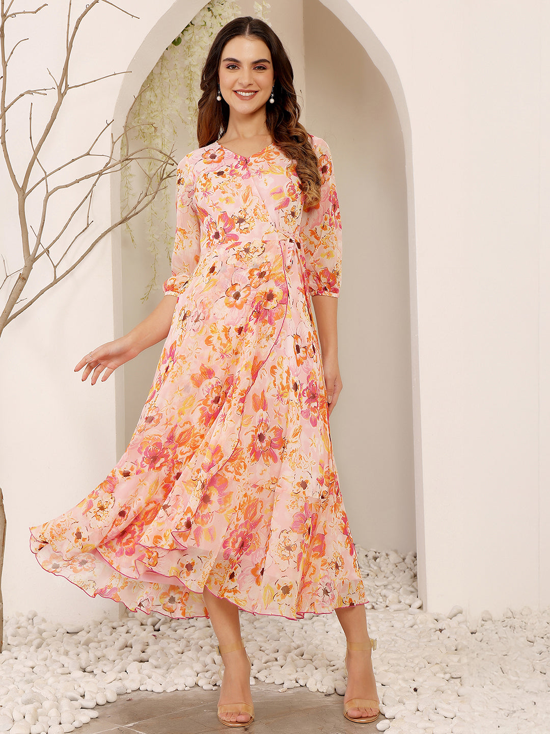 Pink & Orange Floral Printed Full Sleeves Fit and Flare Maxi Dress Long Dress Frock for Women