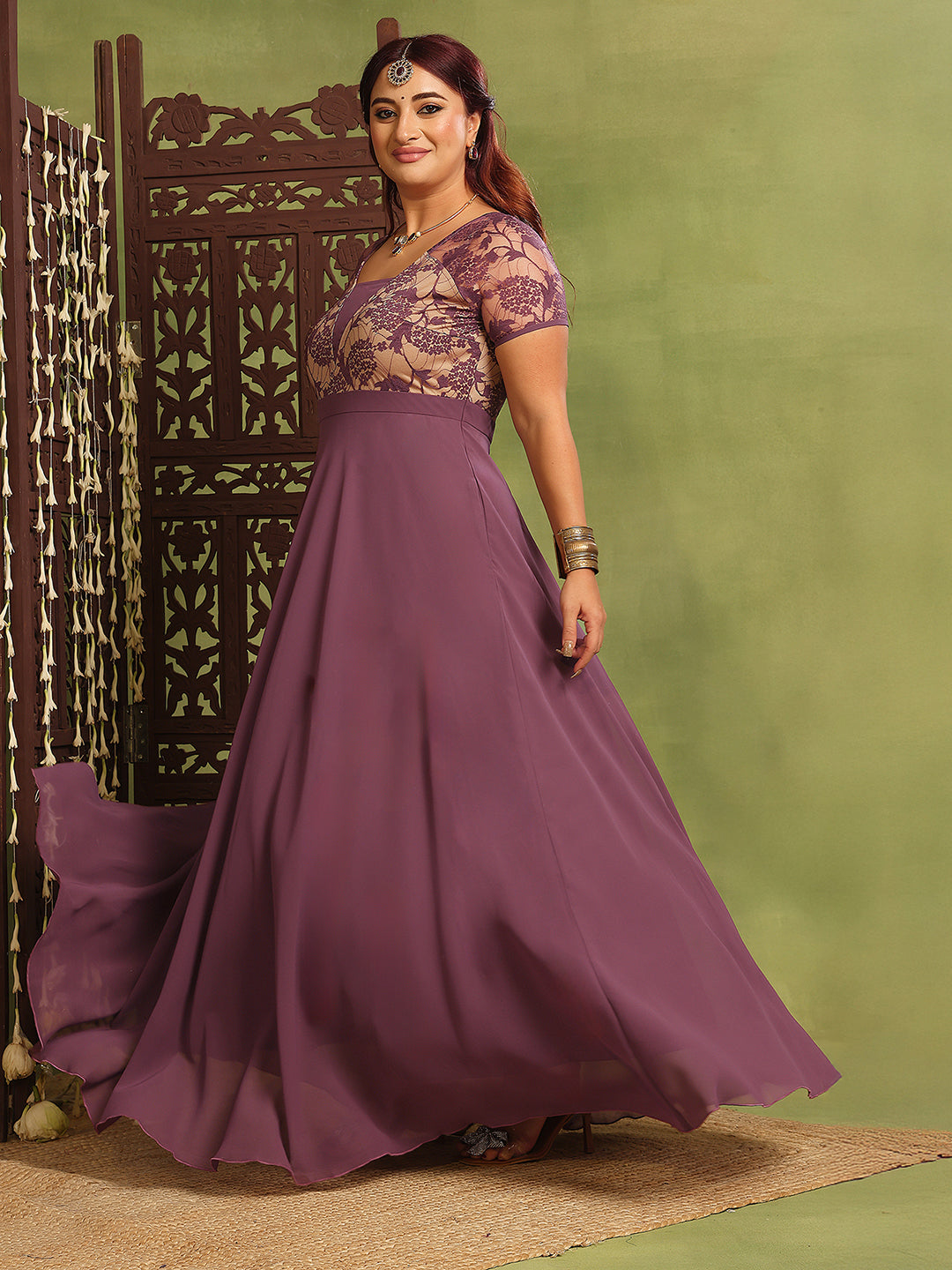 Women's Mauve Square-Neck Raglan-Sleeve Self-Designed Flared Georgette Maxi Dress